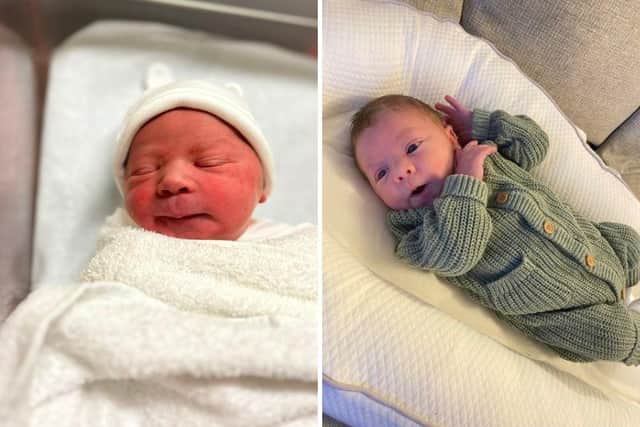 Hudson pictured on the day he was born, January 2, and now.