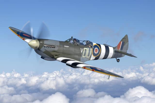The Grace Spitfire sporting her repainted D-Day stripes, as can be seen at the Sywell Airshow