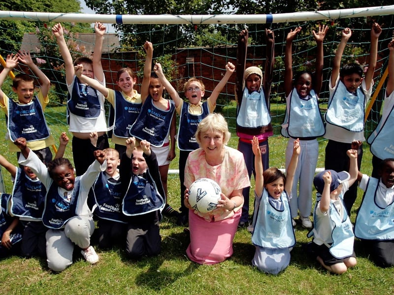 2006 - Cllr Joan Kirkbride at Castle Primary school, watching children play "England V Paraguay" football match