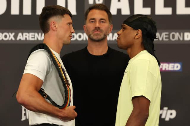 Kieron Conway and Gerome Warburton face off with Eddie Hearn looking on (Picture: Mark Robinson Matchroom Boxing)