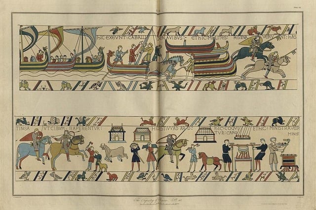 Simon's birth occurred around two years after William the Conqueror's victory at the Battle of Hastings in 1066, which saw legions of Norman knights follow their master to England (Pictured: The Bayeux Tapestry)