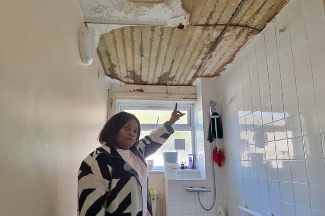 This is what Miatta's bathroom currently looks like after six months of leaks from the upstairs flat