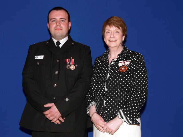 2013 - Northamptonshire Police Long Service awards ceremony takes place at their Headquarters, Wootton Hall, Northampton. Special Insp James Abel, presented by Deirdre Newham.