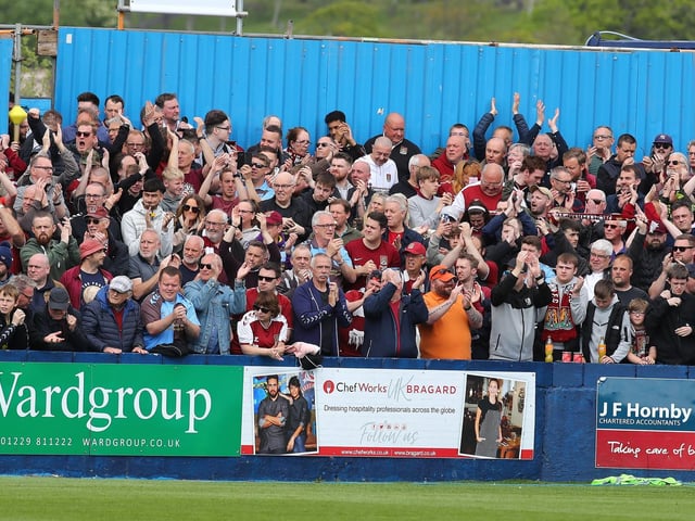 2022: Northampton Town fans look on prior to kick off during the Sky Bet League Two match between Barrow AFC and Northampton Town at Holker Street on May 07, 2022 in Barrow in Furness, England. (Photo by Pete Norton/Getty Images)