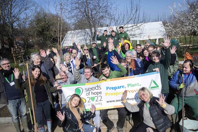 Staff, volunteers, families, visitors, students and children gather at Groundwork Northamptonshire’s community garden project in Kettering, Green Patch, to launch Seeds of Hope.