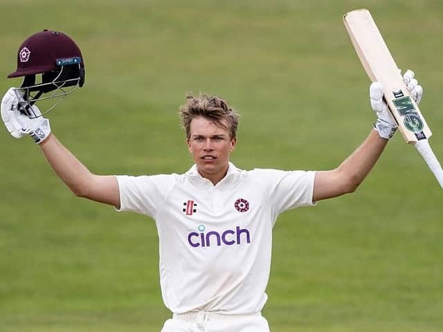 Stuart van der Merwe celebrates after reaching his century for Northants against Leicestershire (Picture: Andy Kearns)