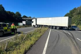 The lorry has collided with the central reservation on the A43 in Northamptonshire.