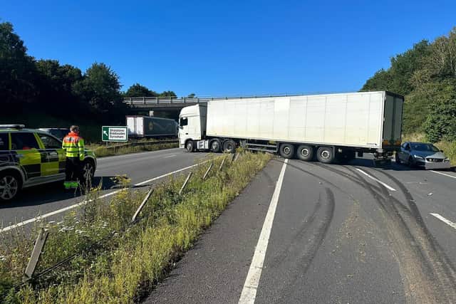 The lorry has collided with the central reservation on the A43 in Northamptonshire.