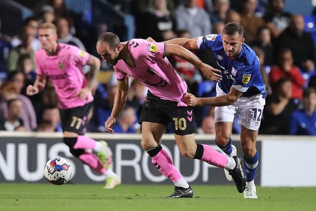 Danny Hylton on the attack for the Cobblers in their 6-0 thrashing at Ipswich Town (Pictures: Pete Norton)
