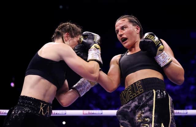 Chantelle Cameron lands a right on Katie Taylor during the IBF, IBO, WBA, WBC and WBO World Super Lightweight Title fight in Dublin (Photo by James Chance/Getty Images)
