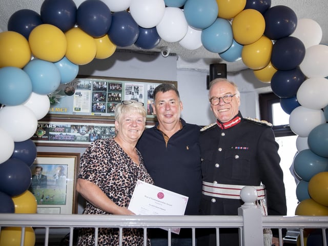 Northamptonshire Lord-Lieutenant, James Saunders Watson Esq, presenting Graham & Liz Chapman, volunteers at The McCarthy-Dixon Foundation, with their Rose of Northamptonshire Awards. Liz and Graham Chapman volunteer for The McCarthy-Dixon Foundation, providing a garden renovation and maintenance service for individuals who have experienced ill-health, bereavement, mental health struggles or who are elderly, who may not be able to maintain their gardens alone.