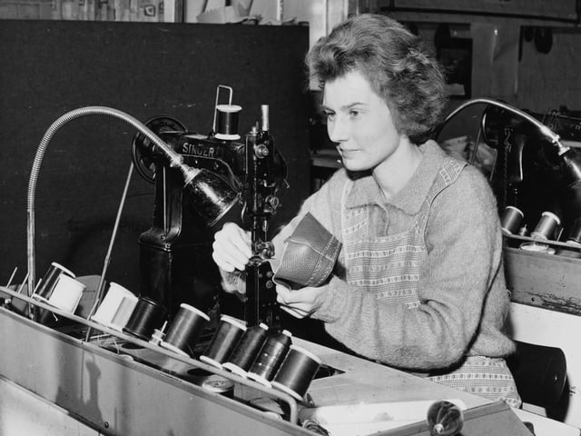 20th February 1964: Uppers being stitched at a shoe factory in Northampton. (Photo by George Freston/Fox Photos/Getty Images)