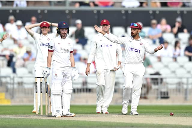 The Northants players appeal for the dismissal of Joe Moores after he handled the ball to stop it bouncing towards the stumps (Picture: Luke Adams)