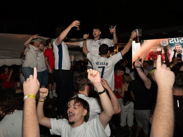Football fans watching England vs Norway in the garden of The Black Prince in Northampton on Saturdy, July 11, 2026. Photo by David Jackson.