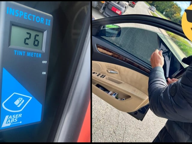This driver was stopped for his front windows being too dark. Anything less than 30 percent light allowed through is deemed to be using a vehicle in a dangerous condition — this driver was happy to remove the tints once saw they were 26 percent.
