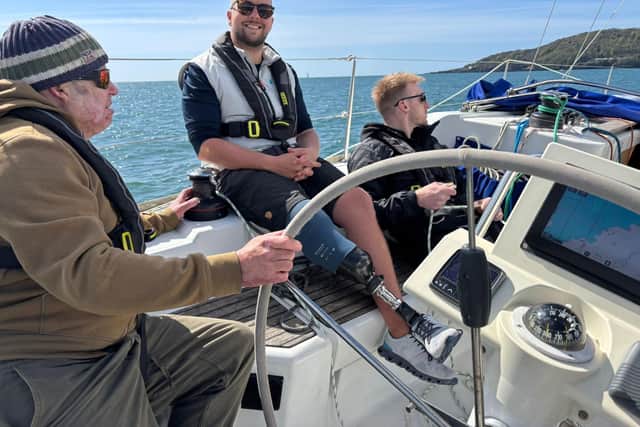 Mat, pictured far left, has 60% burns from fuel while working for ProDrive as engineer. Mat is new to sailing and lives in Northamptonshire.