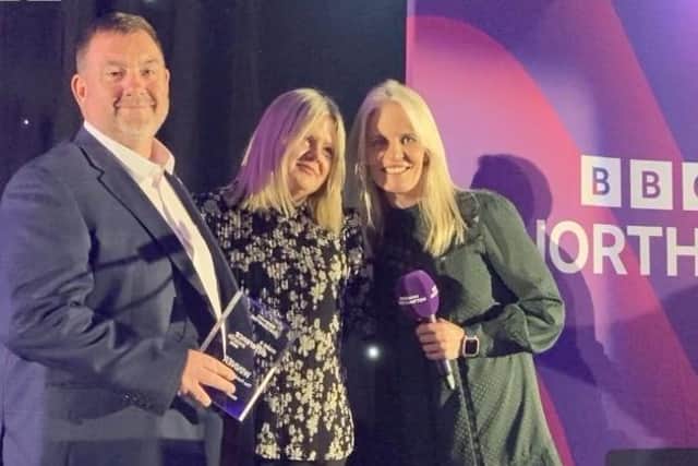 Pictured are the representatives of Niamh's Next Step, winner of the Fundraiser award, with the ceremony's co-host and BBC presenter Annabel Amos. Photo: BBC Radio Northampton.