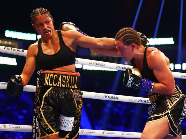 Chantelle Cameron and Jessica McCaskill exchange punches at the Etihad Arena in Abu Dhabi (Picture: Francois Nel/Getty Images)
