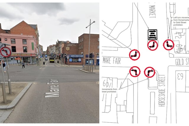 This busy area is subject to a number of traffic measures (right). ANPR cameras will be installed here at a later date, according to the council. WNC says: "At the Horsemarket junction with Gold St and Marefair, several right and left turns are banned, and drivers should also ensure they follow the blue directional arrow signs. Motorists should avoid stopping in the box junction at the eastern end of Gold Street..