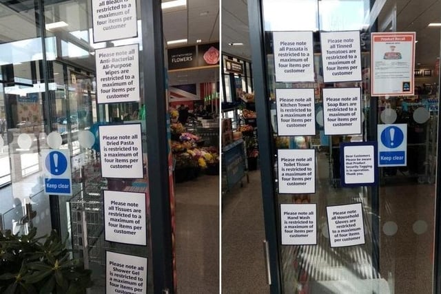 Temporary signs at Aldi on Ash Street, the Mounts, telling customers that certain items are restricted to four per customer