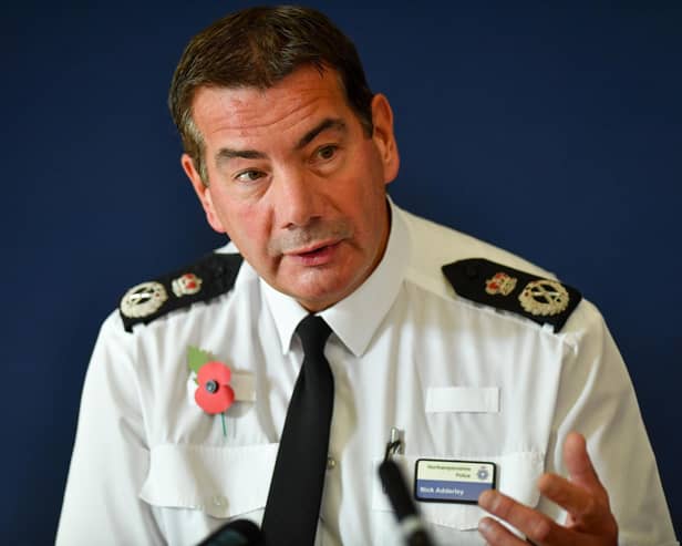Chief Constable of Northamptonshire Police, Nick Adderley, remains suspended.