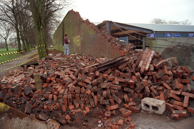 The wall at Thompsons Builders & Timber Merchants on Miller Road in Preston, which collapsed in the storm on Boxing Day night, 1998