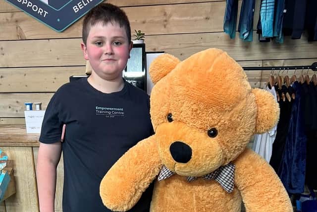 This giant bear is just one of the many items that Kieran has gathered to help contribute to his fundraising target.