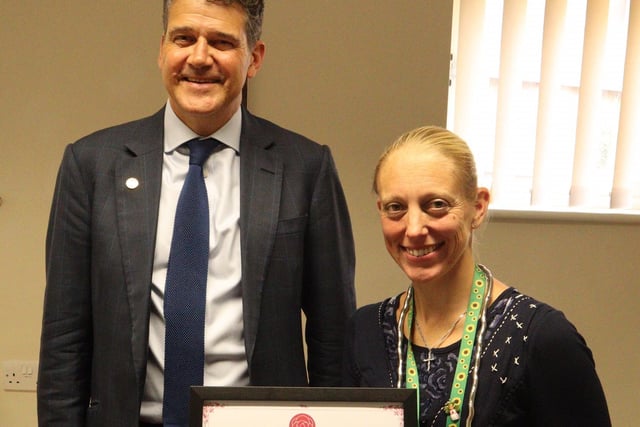 Foundation Vice President Crispin Holborrow DL presenting Diane Johnson from En-Fold with a Rose of Northamptonshire Award. Diane Johnson is the Founder and CEO of En-Fold, a local organisation that has been offering support to anyone impacted by autism for the last 14 years.
