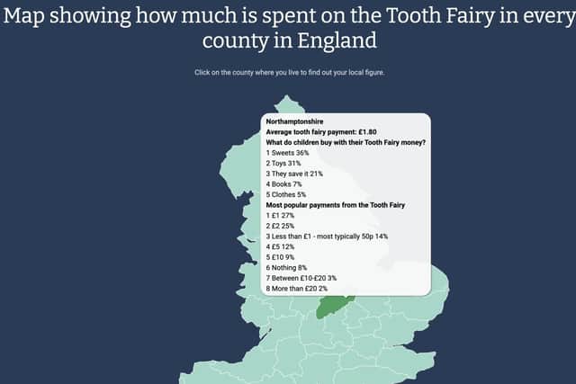 Map showing Tooth Fairy spending in Northamptonshire 
