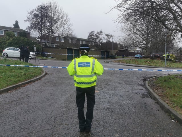 This was the crime scene in Flaxwell Court, Standens Barn, on Thursday at 3pm, where police were investigating the murder of a man in his 20s.