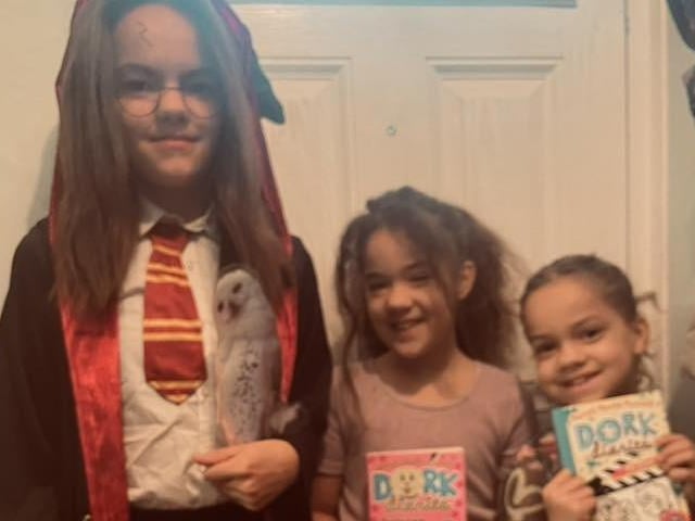 Ruby, aged 10, as Harry Potter, Kira, aged eight, as Nikki from Dork Diaries and Alice, aged eight, as Ebony from Dork Diaries.