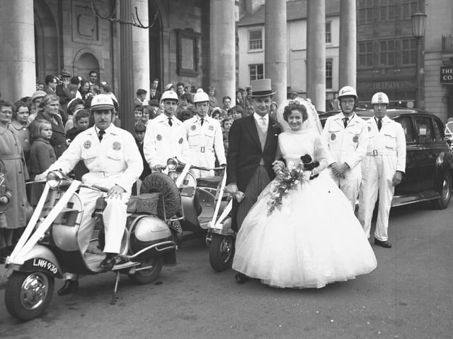 Wedding Vespa escort, All Saints Church, Northampton, October 21, 1961