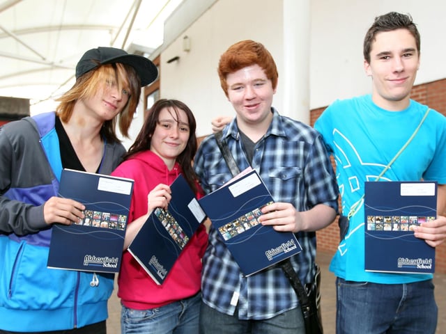 2011 - GCSE results at Abbeyfield School, Mereway, Northampton. L-R Callum Kilgour, Sarah Dunkley, Lee Ange and Like Brown.