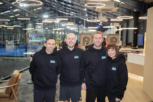 Padel Power owners Joe Pragnell, Joe Barron, and Jamie Leah, Grace Lavelle