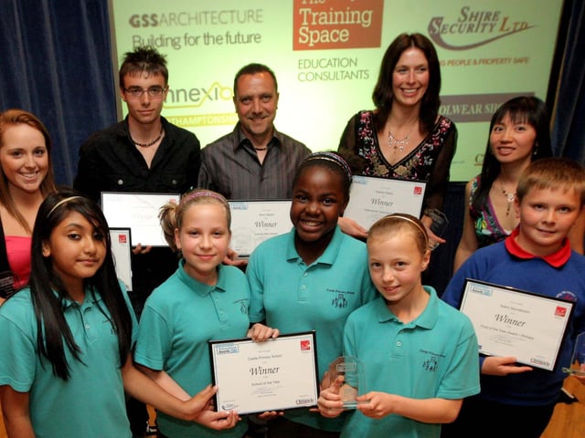 The 2009 Education Awards in conjunction with Term Time at the Freemasons Hall, Trinity Avenue, Northampton. L-R, Sports Achievement Award - sponsored by John Henry Sports Winner: Lawrence  Marshall - Kingsthorpe College , Laura Barton - William Parker School ,then Unsung Hero Award - sponsored by Connexions Northamptonshire (public vote), Winner: Barry Saxton - caretaker at St James CEVA Primary school then Inspirational Teaching Award - sponsored by GSS Architecture Winner: Heather Parker - Hopping Hill Primary School  and Pupil of the Year (Primary) - sponsored by The Schoolwear Shop Winner: Adam Saunderson - Hopping Hill Primary School (blue jumper, red collar) School of the Year - sponsored by Shire Security Limited  Winner: Castle Primary School - Green Uniform at front