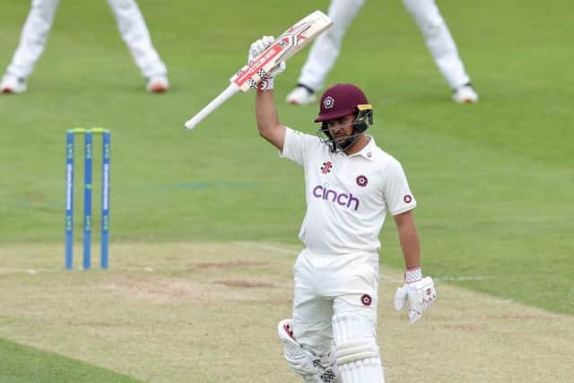 Northants opener Ricardo Vasconcelos celebrates reaching his half century during the LV= Insurance County Championship Division One match against Somerset at the County Ground (Picture: David Rogers/Getty Images)