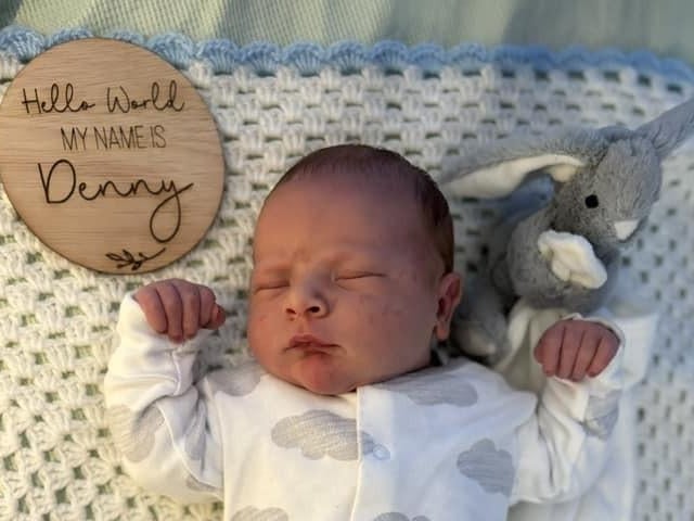 Denny born at 3.21pm on April 11 at Northampton General Hospital, weighing 9lbs 7oz.