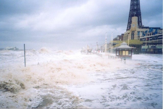 Waves invade the promenade near Blackpool Tower, 2005