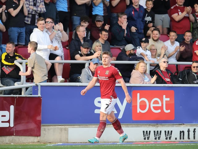 2022: Sam Hoskins of Northampton Town is applauded by the crowd as he walks from the pitch after being substituted during the Sky Bet League Two match between Northampton Town and Hartlepool United at Sixfields on March 26, 2022 in Northampton, England. (Photo by Pete Norton/Getty Images)