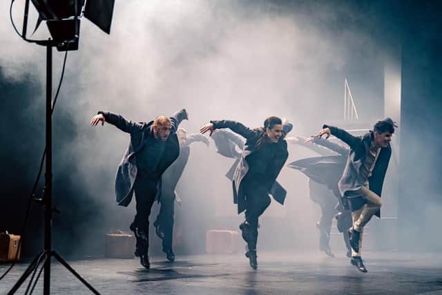 A cast of ten dancers perform a fusion of tap dance and urban jazz
