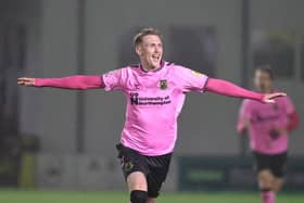 Mitch Pinnock celebrates scoring for the Cobblers at Harrogate - but the joy would be short-lived as Harrogate equalised minutes later (Picture: Pete Norton)