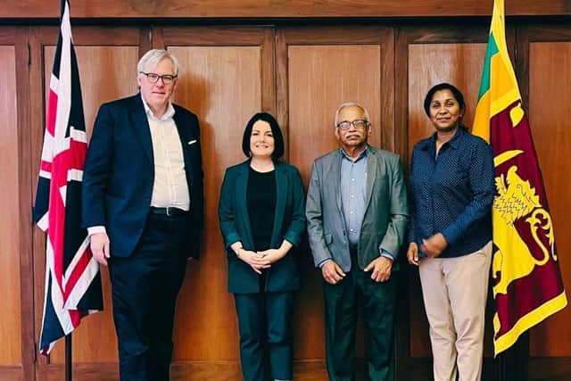 Left to right: Flanked by the Union flag to right and Sri Lankan flag to the left, the British High Commissioner Andrew Patrick stands alongside UON Deputy Vice Chancellor and COO Becky Bradshaw and UNISTEM's CEO Gihan Talgodapitiya and COO and Wathsala Nanayakkara.