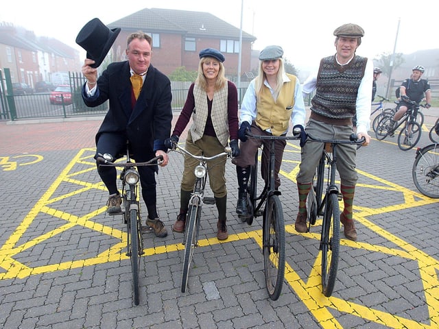 2008 - Cycle For Cynthia Charity bike ride from Franklins Gardens in Northampton. Alan Britton with the Saunders Family on their old bikes.
