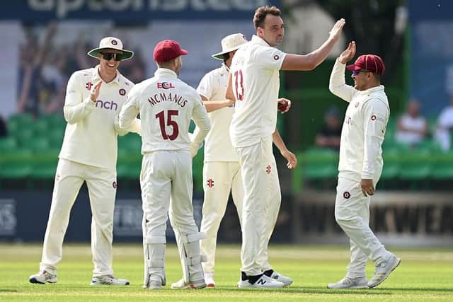 Harry Conway celebrates claiming the wicket of Ben Cox at Grace Road