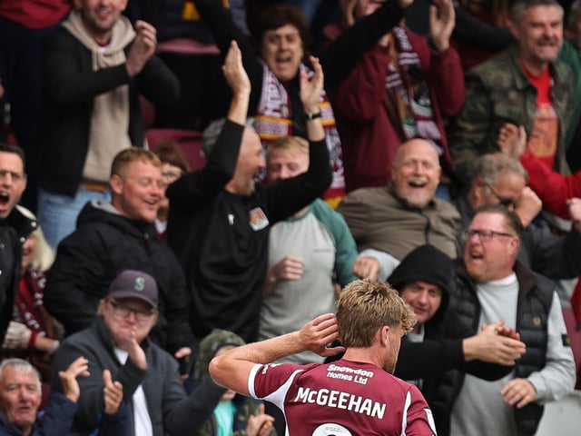 2025: Cameron McGeehan of Northampton Town celebrates after scoring his sides first goal during the Sky Bet League One match between Northampton Town and Bolton Wanderers at Sixfields on September 27, 2025 in Northampton, England. (Photo by Pete Norton/Getty Images)