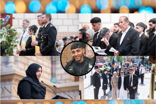 Memorial service for PC Faizaan Najeeb (inset) who died after being hit by a vehicle when on duty in Raunds /Northants Police