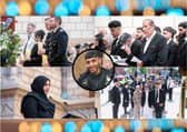 Memorial service for PC Faizaan Najeeb (inset) who died after being hit by a vehicle when on duty in Raunds /Northants Police