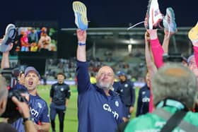 Darren Lehmann celebrates with the Shoe Army in traditional style! (Picture: Peter Short)