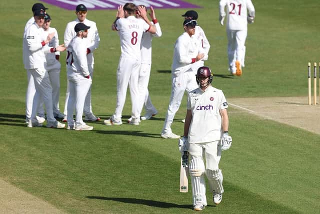 Calvin Harrison trudges off after being dismissed for a second-ball duck in the second innings against Lancashire (Photo by David Rogers/Getty Images)