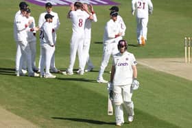 Calvin Harrison trudges off after being dismissed for a second-ball duck in the second innings against Lancashire (Photo by David Rogers/Getty Images)